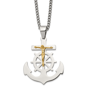 Chisel Stainless Steel Polished Yellow IP-plated Mariner's Cross Pendant on a 24 inch Curb Chain Necklace