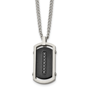 Chisel Stainless Steel Brushed and Polished Black IP-plated Center with Black Cubic Zirconia Dog Tag on a 22 inch Curb Chain Necklace