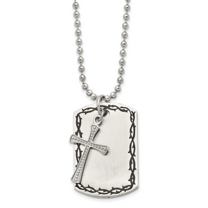 Chisel Stainless Steel Antiqued Brushed and Polished 2 Piece Textured Cross Dog Tag on a 22 inch Ball Chain Necklace