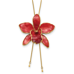 24K Gold-trim Lacquer Dipped Red Real Cattleya Orchid Slip-on Adjustable Gold-tone Necklace