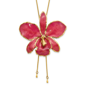 24K Gold-trim Lacquer Dipped Fuchsia Real Cattleya Orchid Slip-on Adjustable Gold-tone Necklace