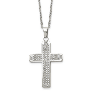 Chisel Stainless Steel Polished with Cubic Zirconia Cross Pendant on a 22 inch Cable Chain Necklace