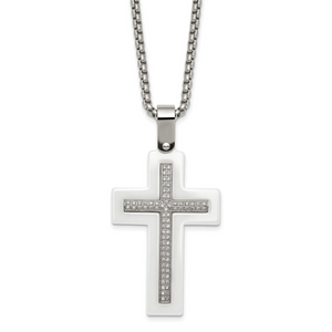 Stainless Steel Polished White Ceramic with Cubic Zirconia Cross 23.75in Necklace
