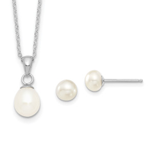 Sterling Silver Rhodium-plated 6-7mm White FWC Pearl Earring/Necklace Set