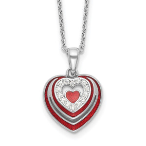 Sterling Silver Rh-plated Cubic Zirconia and Red Enamel Heart w 1/in. ext Necklace