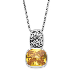 Sterling Silver Polished & Antiqued Yellow Cubic Zirconia Necklace