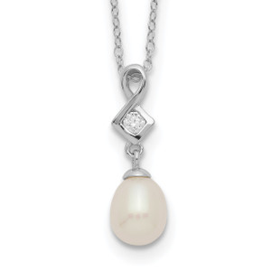 Sterling Silver Rhod-plat 6-7mm White FWC Pearl Cubic Zirconia Necklace