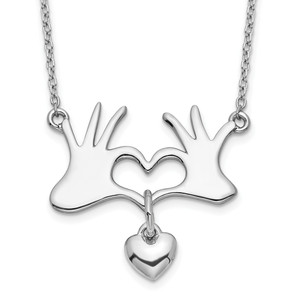 Sterling Silver Rhodium-plated Hands Heart with Dangle Heart Necklace