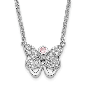 Sterling Silver Rhodium-plated Pink & Clear Cubic Zirconia Butterfly with  1.5in ext. Necklace