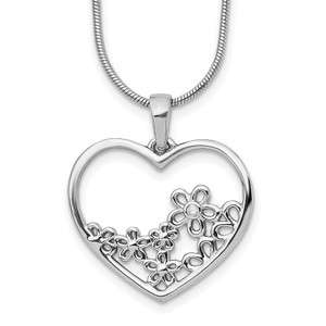 White Ice Sterling Silver Rhodium-plated Diamond 18 Inch Heart with Flower Center Necklace with 2 Inch Extender