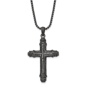 Chisel Stainless Steel Brushed and Polished Gun Metal IP-plated with Cubic Zirconia Cross Pendant on a 24 inch Box Chain Necklace
