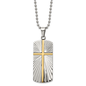 Chisel Stainless Steel Polished and Textured Yellow IP-plated Cross Dog Tag on a 22 inch Ball Chain Necklace