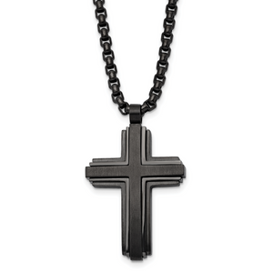 Chisel Stainless Steel Brushed and Polished Black IP-plated Cross Pendant on a 24 inch Box Chain Necklace