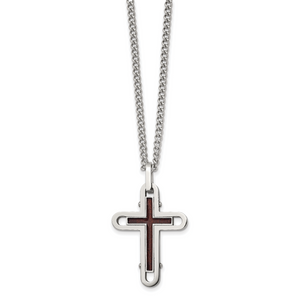 Stainless Steel Polished Wood with Enamel Overlay Cross 24in Necklace