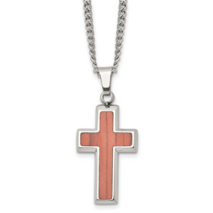 Stainless Steel Polished with Wood Inlay Cross 24in Necklace