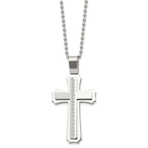 Chisel Stainless Steel Brushed and Polished Swirl Design Cross Pendant on a 24 inch Ball Chain Necklace