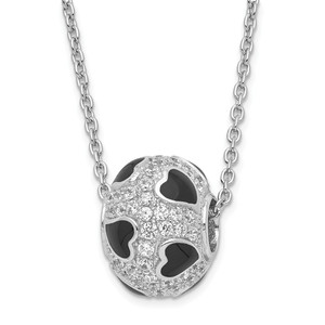 Sterling Silver Black Enamel & Cubic Zirconia True Fire Heart Bead Necklace