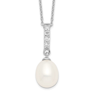 Sterling Silver Rhodium-plated 8-9mm White FWC Pearl Cubic Zirconia Necklace