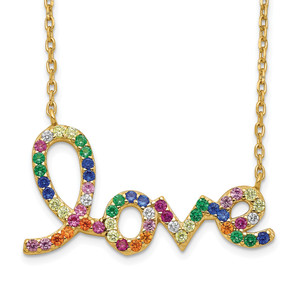 Prizma Sterling Silver Gold-tone 14K Flash Gold-plated 16 inch Colorful Cubic Zirconia LOVE Necklace with 2 inch Extender