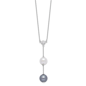 Majestik Sterling Silver Rhodium-plated 10-11mm White and Grey Imitation Shell Pearl and Cubic Zirconia Spring Ring Clasp 18 inch Necklace