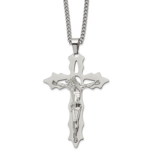 Chisel Stainless Steel Polished Cutout Crucifix Pendant on a 24 inch Curb Chain Necklace