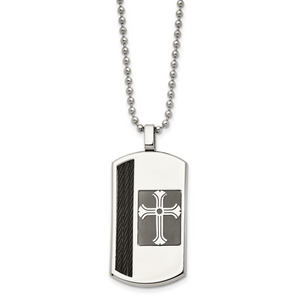 Chisel Stainless Steel Brushed and Polished Black IP-plated Cable Inlay Cross Dog Tag on a 22 inch Ball Chain Necklace