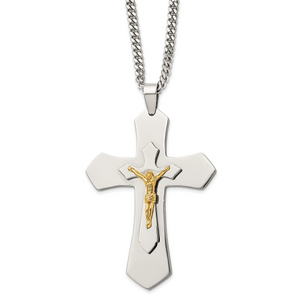 Chisel Stainless Steel Polished Yellow IP-plated Large Crucifix Pendant on a 24 inch Curb Chain Necklace