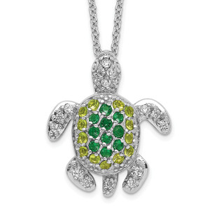 Cheryl M Sterling Silver Rhodium-plated Brilliant-cut Green Glass and Brilliant-cut White Cubic Zirconia Turtle 18 Inch Necklace