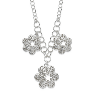 Sterling Silver Polished Filigree Flower with  2in ext Necklace