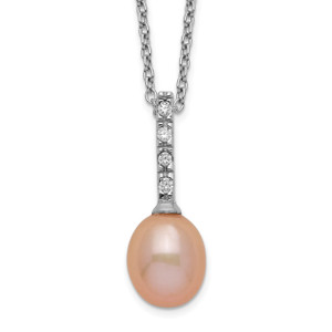 Sterling Silver Rhod-plat 7-8mm Pink FWC Pearl Cubic Zirconia Necklace
