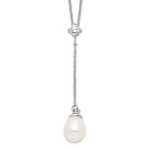 Sterling Silver Rhodium-plated 8-9mm White FWC Pearl Cubic Zirconia Drop Necklace