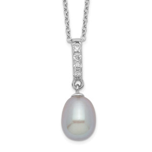 Sterling Silver Rhod-plat 8-9mm Grey FWC Pearl Cubic Zirconia Necklace