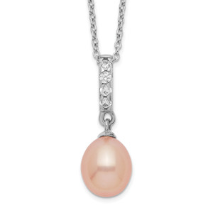 Sterling Silver Rhod-plat 8-9mm Pink FWC Pearl Cubic Zirconia Necklace