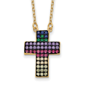 Prizma Sterling Silver Gold-tone 14K Flash Gold-plated 16 inch Colorful Cubic Zirconia Cross Necklace with 2 inch Extender