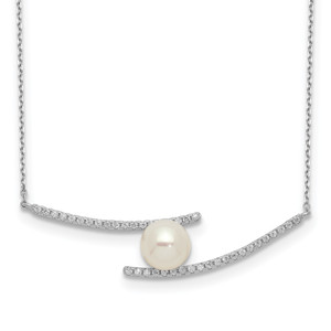 Sterling Silver Rhodium-plated 7-8mm White Button FWC Pearl Cubic Zirconia Necklace