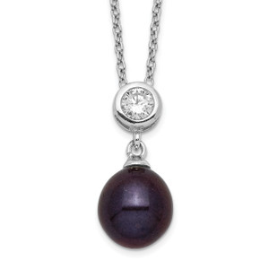 Sterling Silver Rhodium-plated 8-9mm Black Rice FWC Pearl Cubic Zirconia Necklace