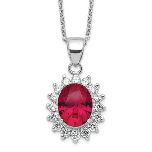 Cheryl M Sterling Silver Rhodium-plated Brilliant-cut Lab Created Ruby and Brilliant-cut White Cubic Zirconia Oval Halo 18.25 Inch Necklace