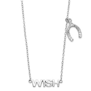 Sterling Silver Rhodium-plated Word WISH with Cubic Zirconia Wish Bone Charm Necklace