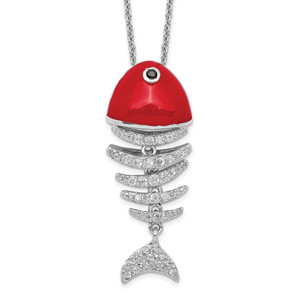 Sterling Silver RH-plated Lucky Fish Cubic Zirconia Skeleton Red Enamel Pend Necklace