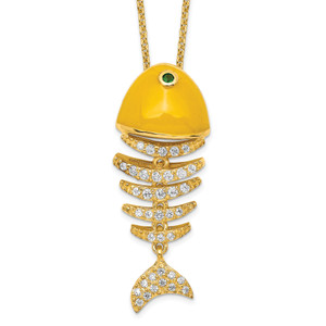 Sterling Silver 16+2in ext Gold-plt Yellow Enamel Cubic Zirconia Fish Skeleton Necklace
