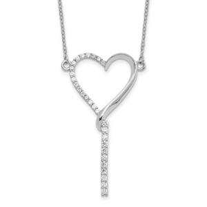 Sterling Silver Rh-plated Polished Cubic Zirconia Dangle Heart with  2.25in ext. Necklace