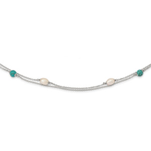 Sterling Silver Rhod-plated Turquoise/FWC Pearl with 2 in ext Necklace