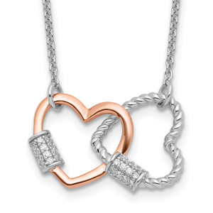 Sterling Silver Rh-plated Rose-tone Double Heart Cubic Zirconia with 2in ext Necklace