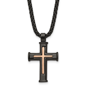 Chisel Stainless Steel Polished Black and Rose IP-plated Cross Pendant on a 24 inch Box Chain Necklace