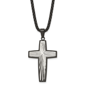 Chisel Stainless Steel Polished and Textured Black IP-plated Cross Pendant on a 24 inch Box Chain Necklace
