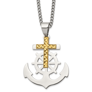Chisel Stainless Steel Polished Anchor with Yellow IP-plated Diamond cut Cross Pendant on a 24 inch Curb Chain Necklace