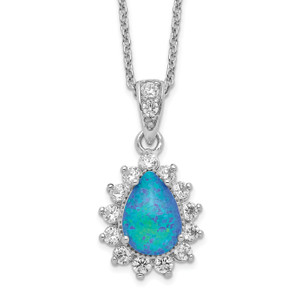 Cheryl M Sterling Silver Rhodium-plated Cabochon Lab Created Blue Opal and Brilliant-cut Cubic Zirconia Pear 18 Inch Necklace