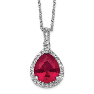 Cheryl M Sterling Silver Rhodium-plated Brilliant-cut Lab Created Ruby and Brilliant-cut White Cubic Zirconia Teardrop Halo 18 Inch Necklace