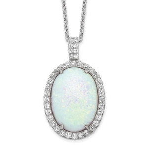 Cheryl M Sterling Silver Rhodium-plated Cabochon Lab Created Opal and Brilliant-cut Cubic Zirconia Oval Halo 18 Inch Necklace