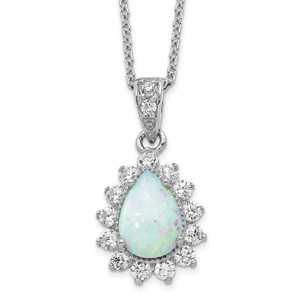 Cheryl M Sterling Silver Rhodium-plated Cabochon Lab Created Opal and Brilliant-cut Cubic Zirconia Teardrop Halo 18 Inch Necklace